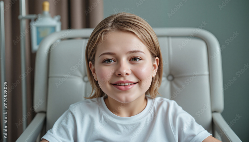 Smiling girl in white shirt sitting in a medical chair Smiling girl in white shirt sitting in a medical chair
