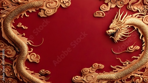 Wallpaper Mural A festive card layout with a bold dragon motif, golden ingots, and intricate scrollwork on a crimson background Torontodigital.ca