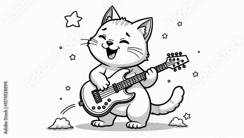 Rockin' Cat Cute Cartoon Kitty Playing Electric Guitar, Coloring Page, Line Art Illustration, isolated white background, Coloring Page, Line Art Illustration, isolated white background photo