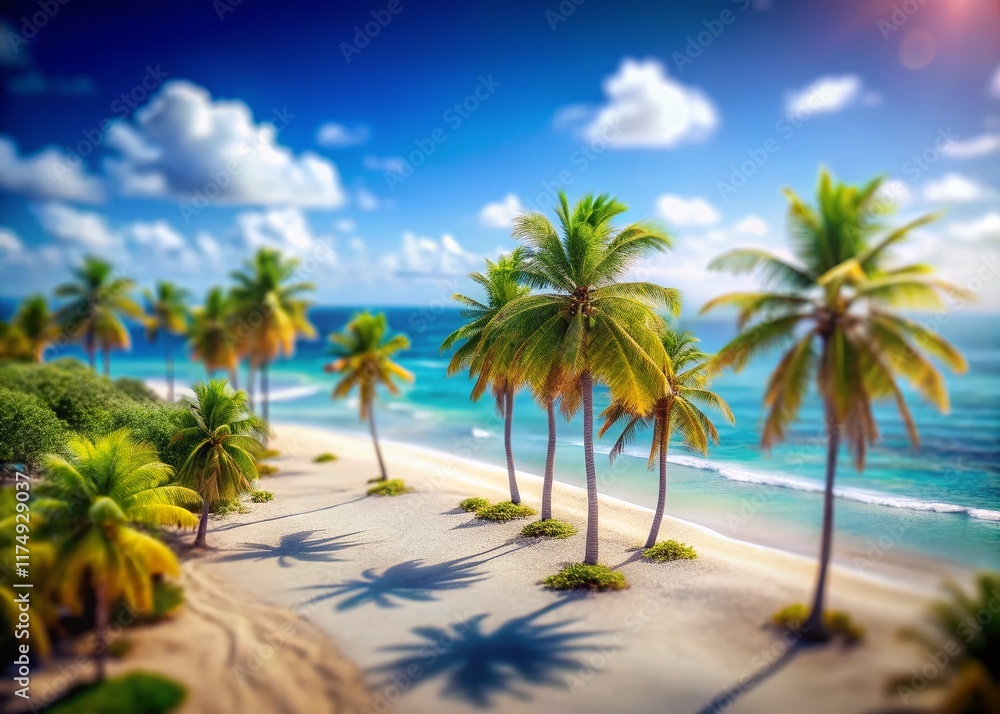 Miniature Palm Trees on Tropical Beach, Idyllic Island Paradise, Tilt-Shift Photography Miniature Palm Trees on Tropical Beach, Idyllic Island Paradise, Tilt-Shift Photography