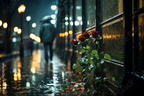 A mysterious and captivating atmosphere is created by a rainy street at night, where every corner presents possibility of unforeseen encounters photo