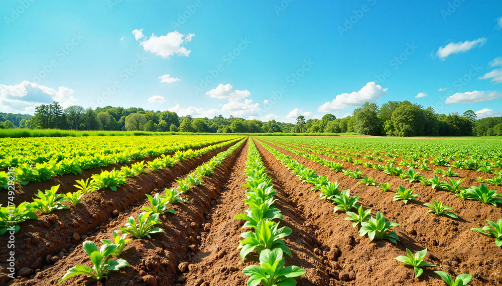 Rows of vibrant green crops stretch across the landscape, nurtured by fertile soil and sunlight. A serene blue sky enhances the beauty of this tranquil farming scene Rows of vibrant green crops stretch across the landscape, nurtured by fertile soil and sunlight. A serene blue sky enhances the beauty of this tranquil farming scene