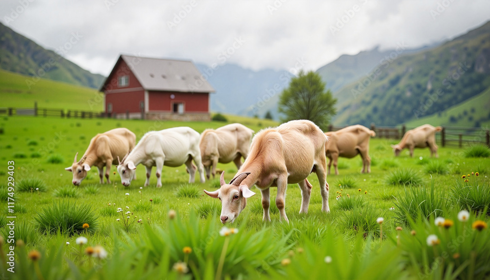Fototapeta premium A group of goats grazes on vibrant green grass in a picturesque meadow. A red barn stands in the background, surrounded by majestic mountains under a slightly cloudy sky