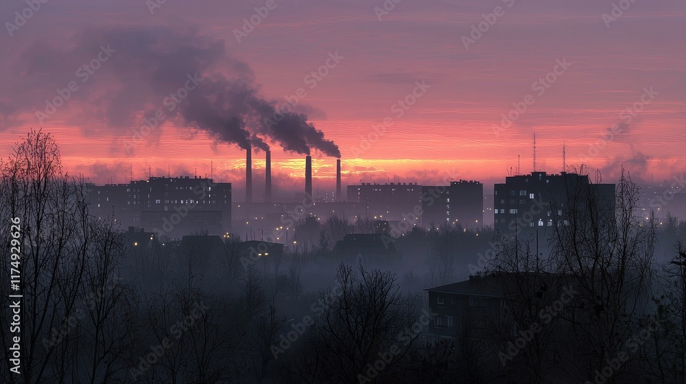 Fototapeta premium Industrial Skyline at Sunrise Blanketed in Toxic Smog and Smoke