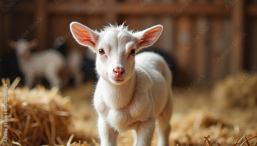 A snowy white baby goat stands in a cozy barn surrounded by straw. The sunlight filters through wooden beams, creating a warm atmosphere, while other goats rest in the background A snowy white baby goat stands in a cozy barn surrounded by straw. The sunlight filters through wooden beams, creating a warm atmosphere, while other goats rest in the background