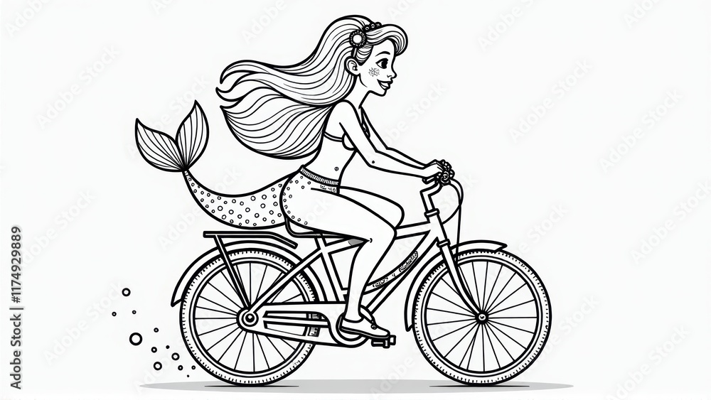 Obraz premium Mermaid Riding a Bicycle Coloring Page, Coloring Page, Line Art Illustration, isolated white background, Coloring Page, Line Art Illustration, isolated white background