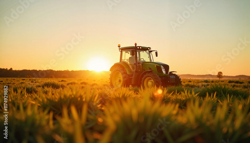 A tractor is actively plowing through a lush green field as the sun sets, casting a golden hue across the landscape. This serene moment captures the essence of farming