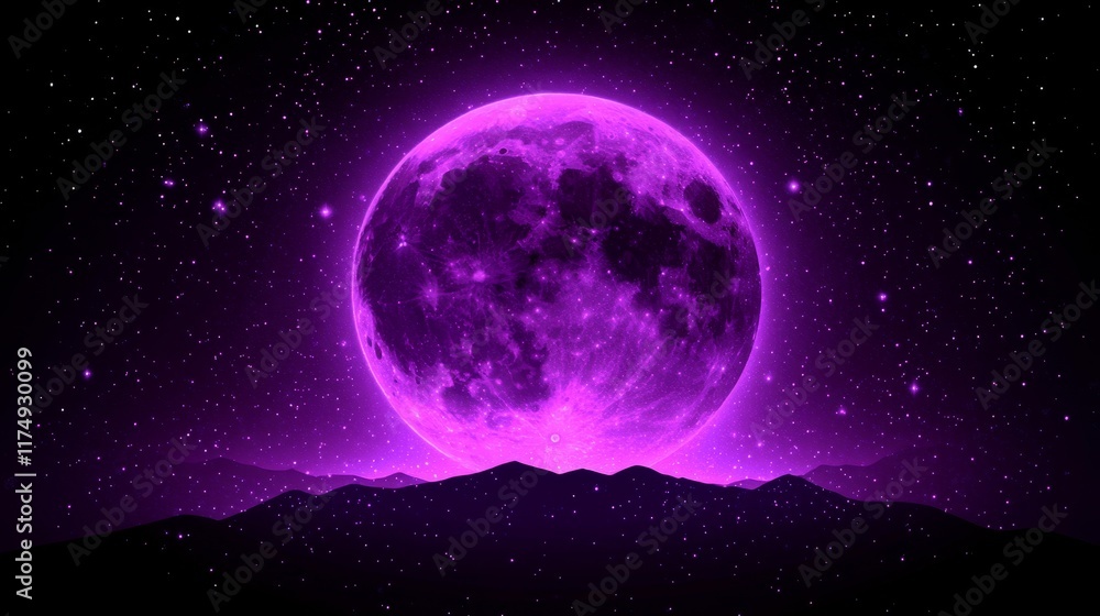 Fototapeta premium Glowing Purple Moon Rising Over a Silhouetted Landscape