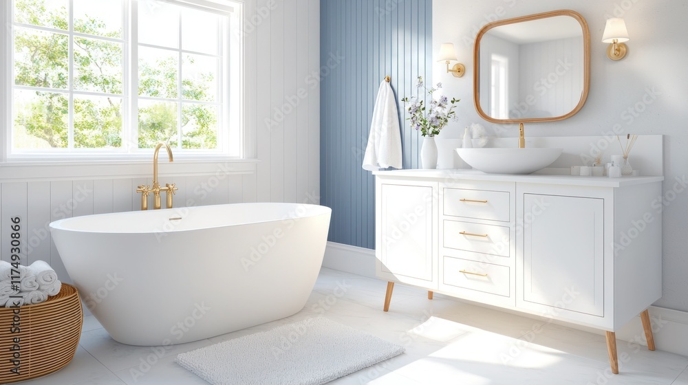 Fototapeta premium Modern Minimalist Bathroom Design with Freestanding Bathtub and Elegant Decor