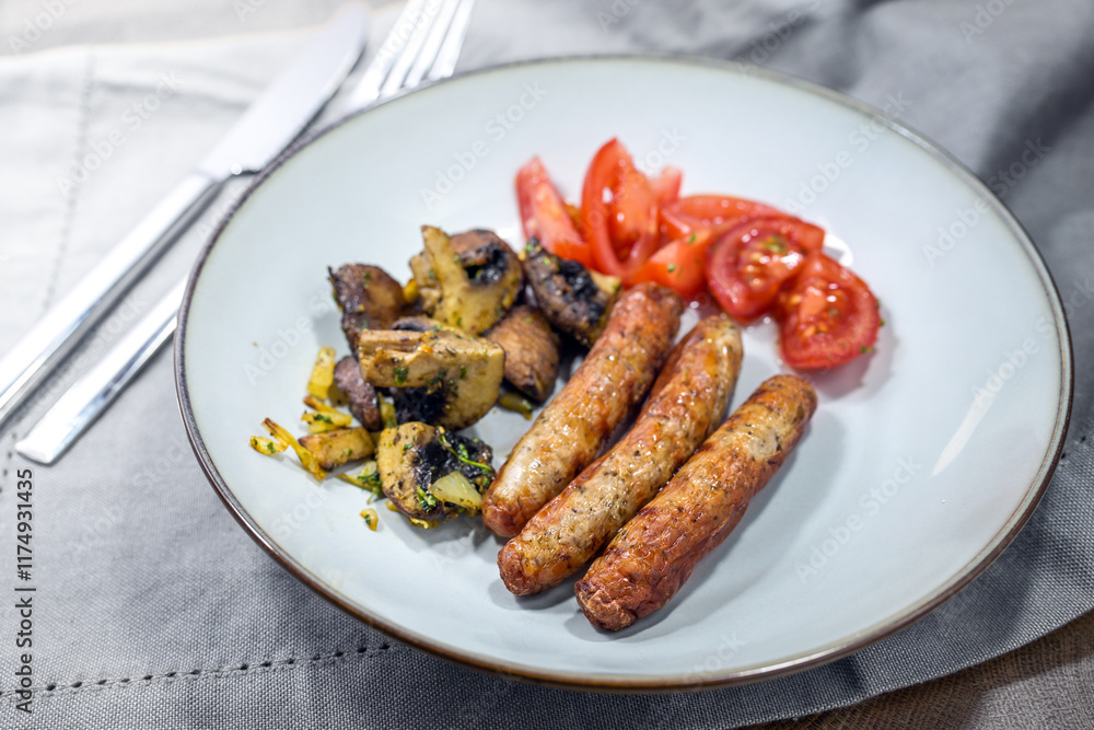 Small roasted sausages with herb mushrooms and fresh tomatoes on a gray plate, barbeque party snack or lunch meal, selected focus Small roasted sausages with herb mushrooms and fresh tomatoes on a gray plate, barbeque party snack or lunch meal, selected focus