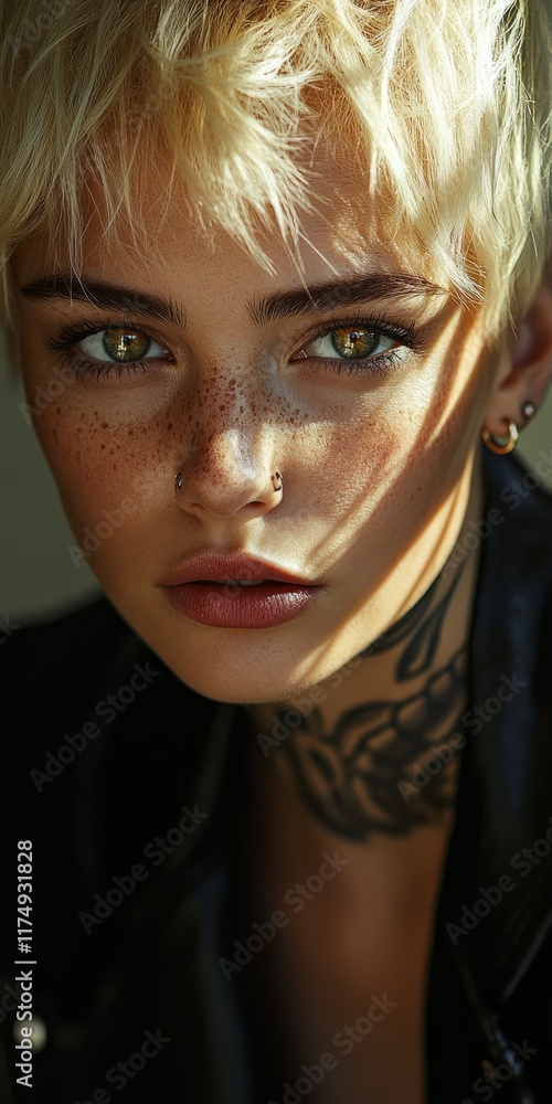 Obraz premium Portrait of a short hair blonde woman with a nose piercing and neck tattoo. Close up