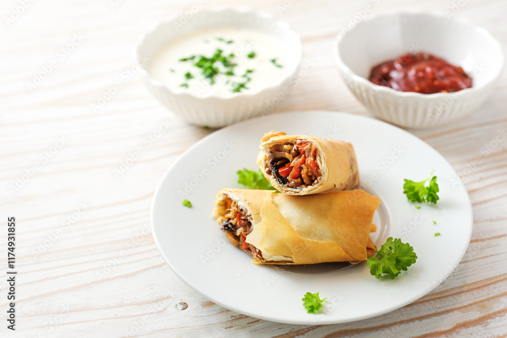Spring rolls from crispy filo pastry stuffed with spicy vegetables, parsley garnish and two dips on a light wooden table, cooking finger food in Asian style, selected focus Spring rolls from crispy filo pastry stuffed with spicy vegetables, parsley garnish and two dips on a light wooden table, cooking finger food in Asian style, selected focus