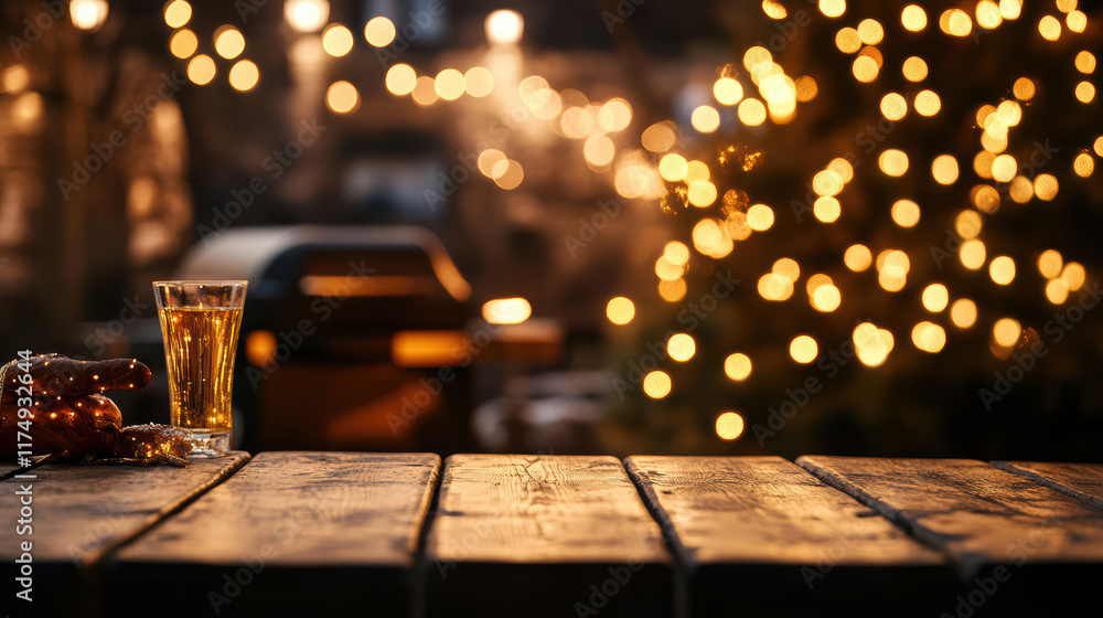 cozy winter gathering featuring rustic wooden table adorned with glass of drink and festive lights in background, creating warm and inviting atmosphere