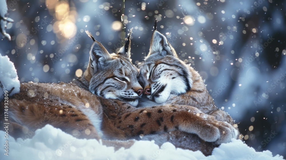 Pair of lynxes snuggling in snowy forest with falling snowflakes Pair of lynxes snuggling in snowy forest with falling snowflakes