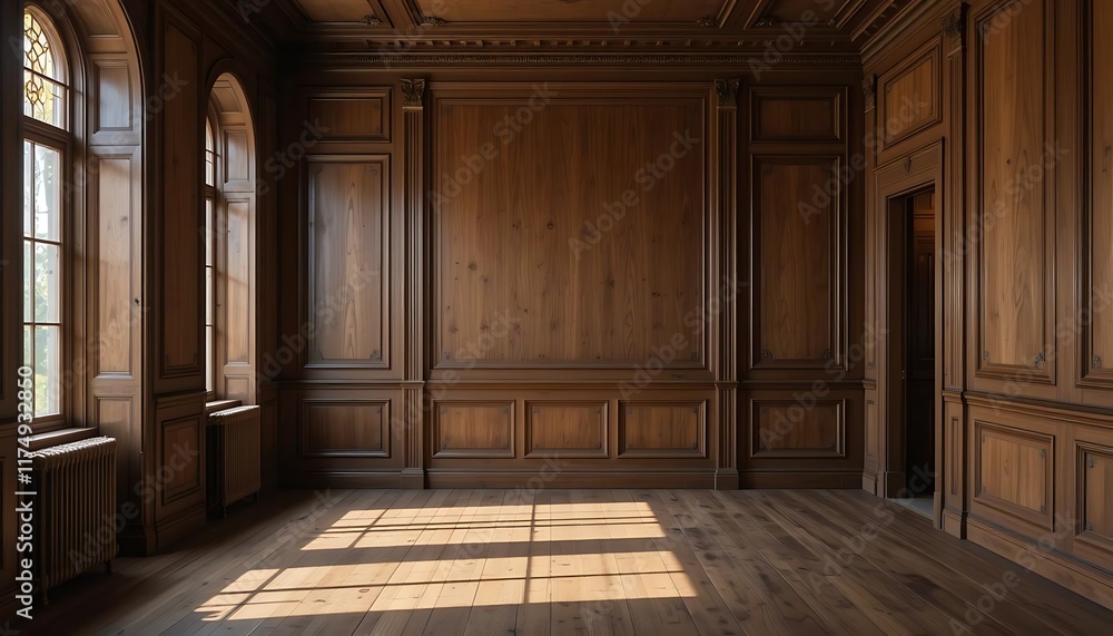 Sunlit Luxury Wooden Room Interior Design: Elegant Dark Wood Paneling, Hardwood Floor, Large Windows, and Classic Architectural Details. Sunlit Luxury Wooden Room Interior Design: Elegant Dark Wood Paneling, Hardwood Floor, Large Windows, and Classic Architectural Details.