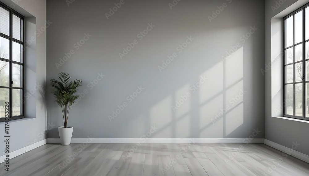 Empty Modern Room Interior with Gray Walls and Large Windows Empty Modern Room Interior with Gray Walls and Large Windows