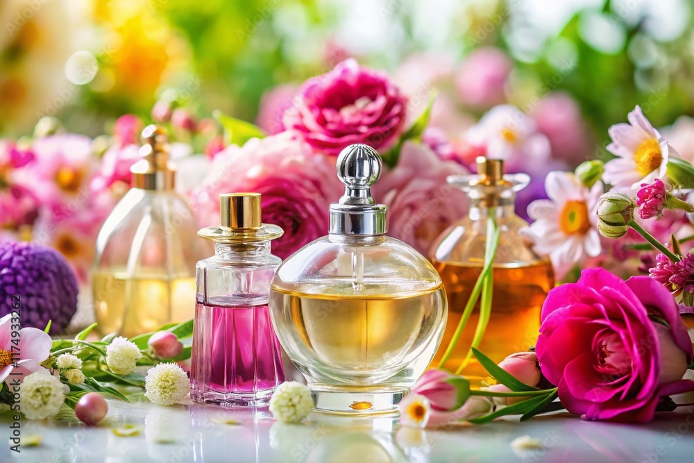 Elegant Perfume Bottles with Delicate Flowers on White Background - Luxury Fragrance Still Life Elegant Perfume Bottles with Delicate Flowers on White Background - Luxury Fragrance Still Life