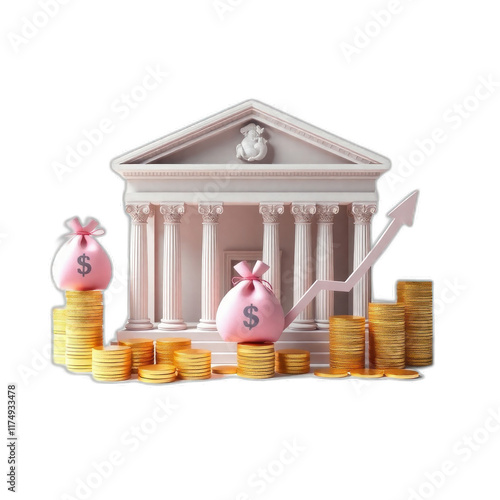 Bank growth, money bags, coins, rising graph, financial success.