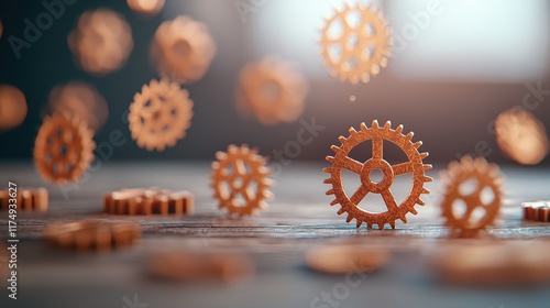 A collection of rusty tools and gears scattered on a workbench, representing a bygone era of craftsmanship and the enduring appeal of vintage industrial objects. photo