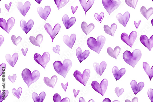 Purple watercolor hearts, soft pastel design, romantic background, artistic pattern, love-themed decor.