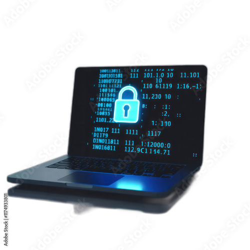 Laptop screen displays digital lock, code, security.