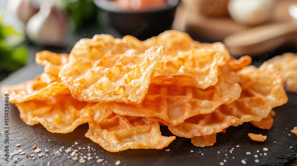 A close-up of a perfectly crispy waffle corner, showing the golden texture, with a blurred background of ingredients and utensils out of focus. A close-up of a perfectly crispy waffle corner, showing the golden texture, with a blurred background of ingredients and utensils out of focus.