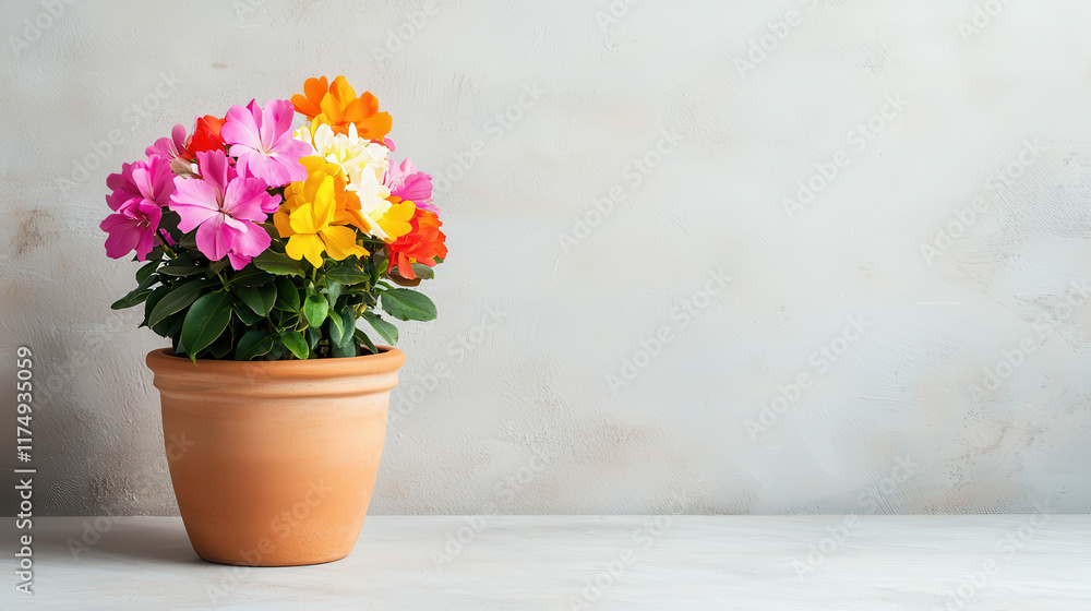 Bright and colorful flowering plant in classic clay pot on table Bright and colorful flowering plant in classic clay pot on table