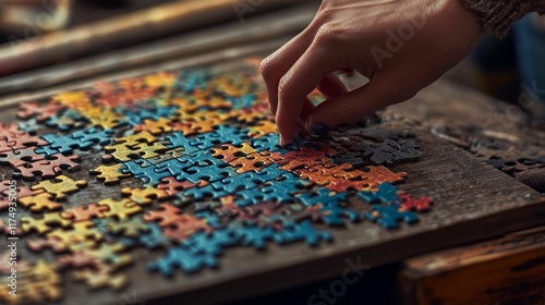 Hand placing piece in colorful jigsaw puzzle.