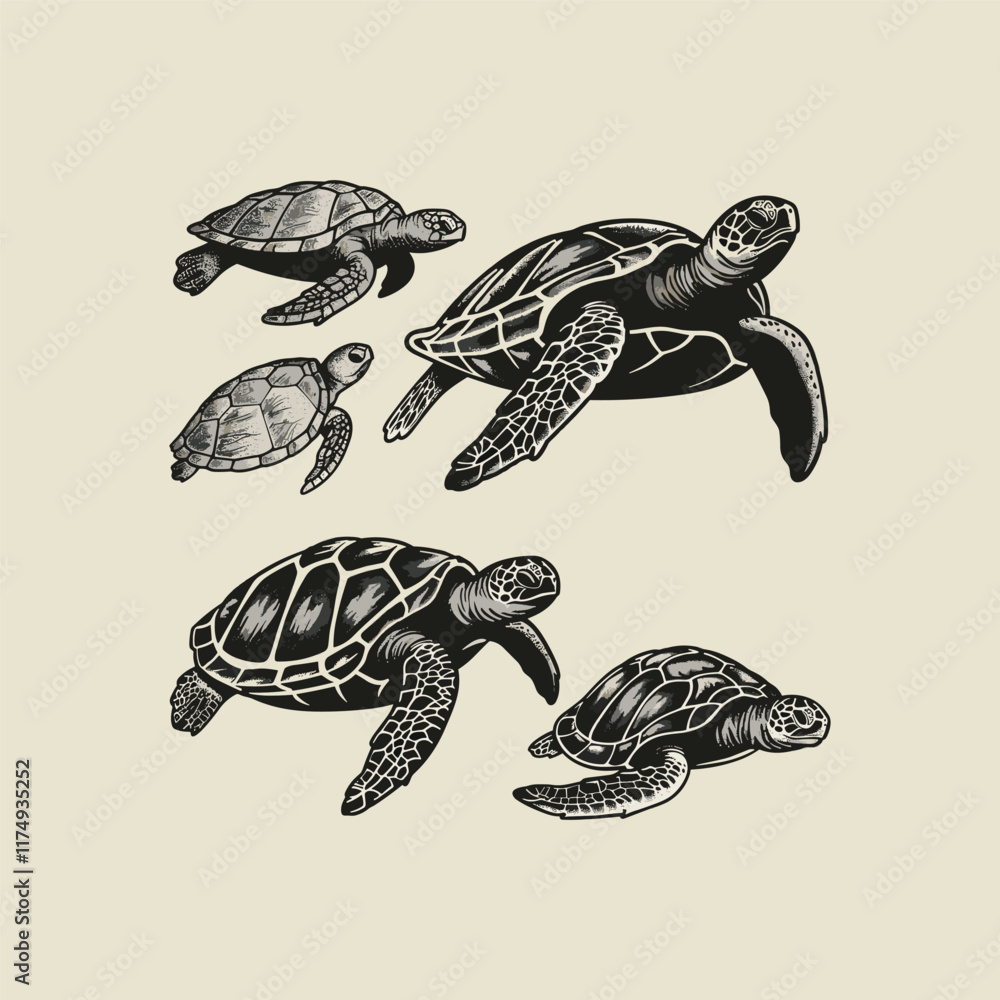 Fototapeta premium Set of turtle engraving design vector template