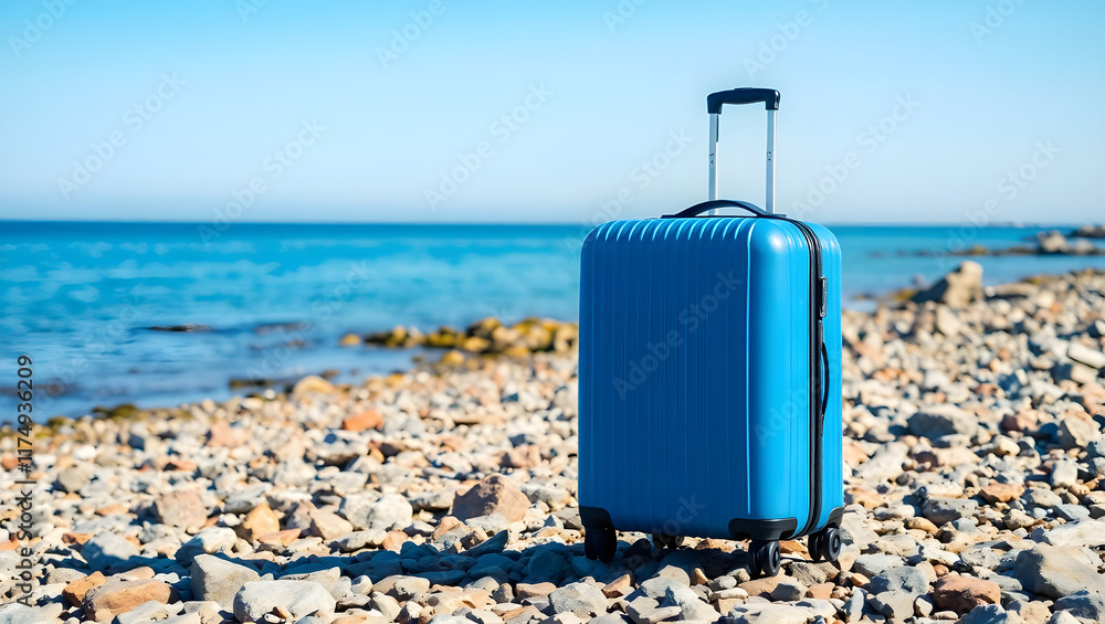 Blue Suitcase on a Rocky Beach with Scenic Island Background Blue Suitcase on a Rocky Beach with Scenic Island Background