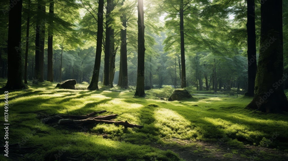 Obraz premium Soft sunlight on green grass in a quiet summer forest