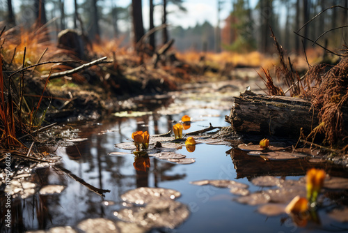 autumn bog represents changing seasons and peacefulness, with its golden colors, fallen leaves, and simultaneous presence of decay and new life in its wetland environment photo