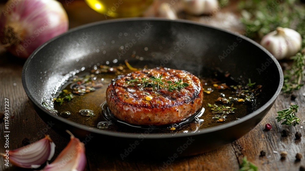 Fototapeta premium A close-up of a sizzling sausage in a frying pan with oil and herbs, surrounded by fresh ingredients like onions and garlic, with warm kitchen lighting