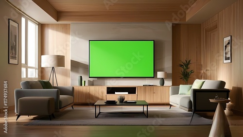 Modern living room with green screen TV and stylish furniture in contemporary office space