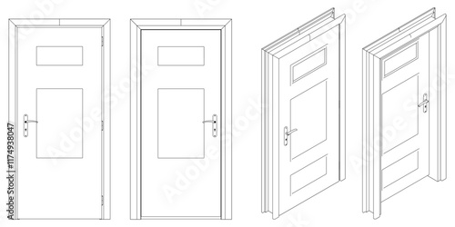 Icons set of doors types. Collection in thin linear style. Entrance to the house, classic wooden or glass interior doors. Simple design. Vector illustration isolated on white background.