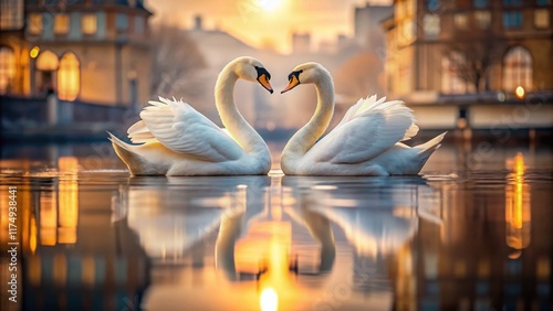 Elegant Swans Forming Heart Shape in Calm Water - Love, Harmony, Nature Photography photo