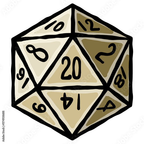 D20 dice for dnd board game. Fantasy tabletop icosahedron illustration in retro style