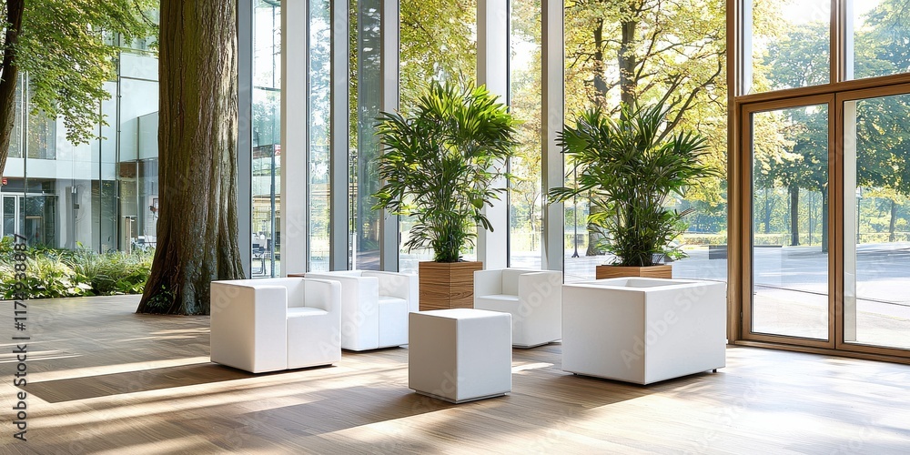 Fototapeta premium Modern indoor space with white furniture and greenery under natural light.