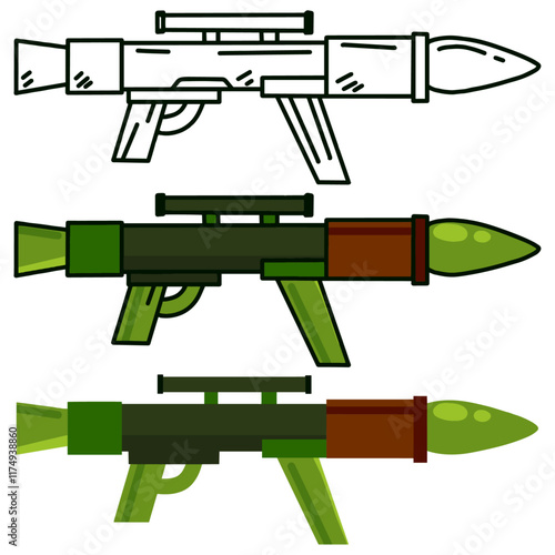 Bazooka gun. War and battle element. Explosive missile handgun. Flat grenade military firearm. Cannon or rifle weapon. Army anti tank bazooka equipment. Rocket rpg launcher