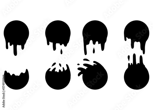 Splatter of water blob. Black flow leak. Melt circle drop. Liquid shape of paint or stain. Simple sticker border. Flowing splash of fluid and drip