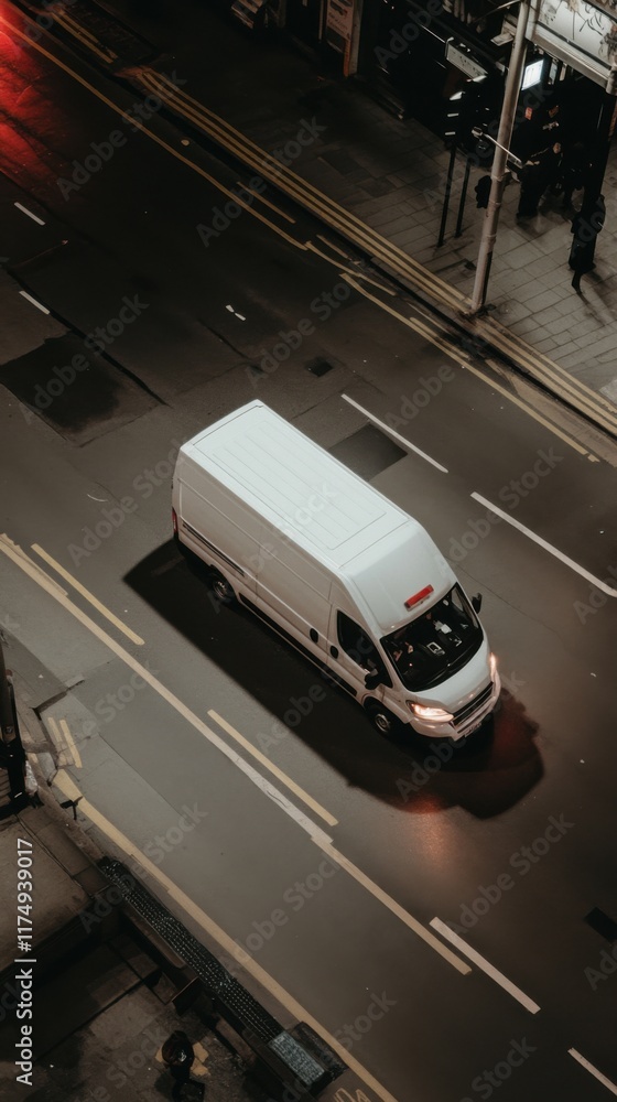 A white van travels on an urban street at night, illuminated by city lights, reflecting modern transportation services in a metropolitan setting. A white van travels on an urban street at night, illuminated by city lights, reflecting modern transportation services in a metropolitan setting.