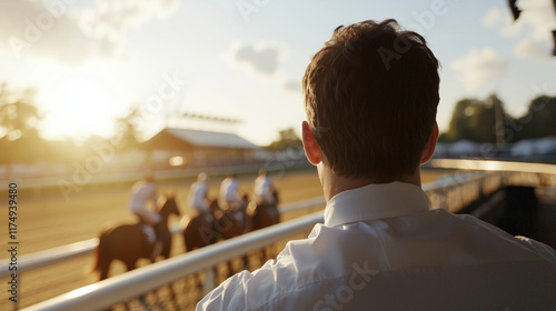 Placing a Bet at the Horse Races with Betting Booth Nearby photo