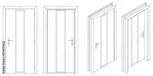 Icons set of doors types. Collection in thin linear style. Entrance to the house, classic wooden or glass interior doors. Simple design. Vector illustration isolated on white background.