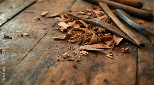 A rustic wooden surface scattered with wood shavings and tools, showcasing craftsmanship and the art of woodworking. photo