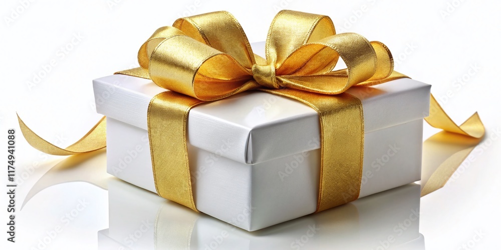Elegant White Gift Box with Golden Ribbon and Bow, Isolated on White Background - Perfect for Holiday or Special Occasion Elegant White Gift Box with Golden Ribbon and Bow, Isolated on White Background - Perfect for Holiday or Special Occasion