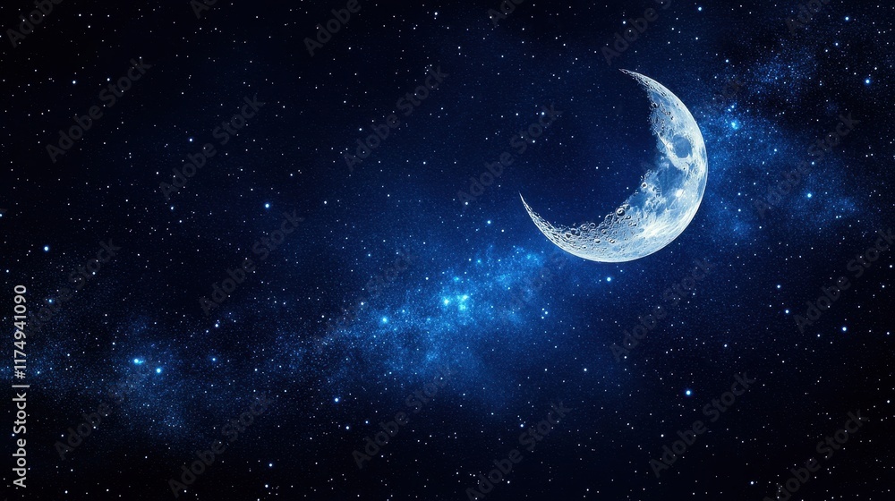 Fototapeta premium A crescent moon glows against a backdrop of twinkling stars and a soft nebula. Ideal for space-themed designs or adding a touch of celestial wonder.