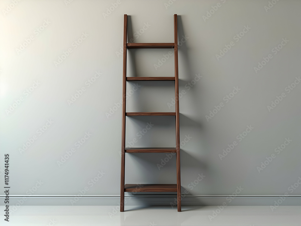 Sleek wooden ladder shelf against a minimalist grey wall, offering five spacious shelves for display and storage. Perfect for a modern home. Sleek wooden ladder shelf against a minimalist grey wall, offering five spacious shelves for display and storage. Perfect for a modern home.
