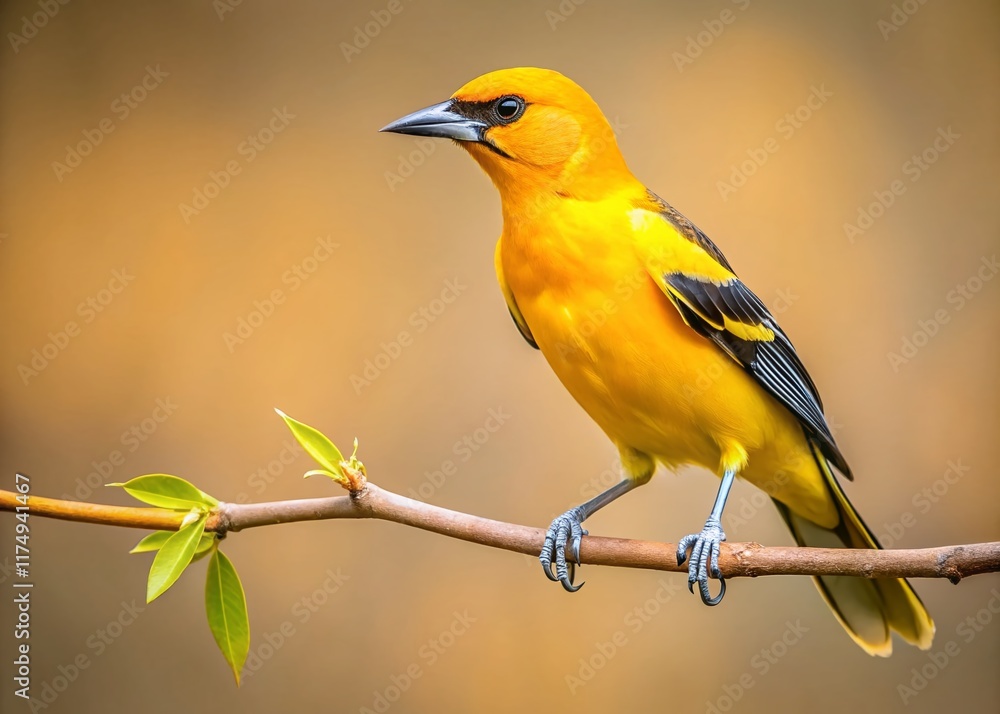 Fototapeta premium Minimalist Yellow Oriole Bird Photography: Simple Branch, Yellow Bird