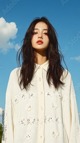 A portrait of a woman under clear blue skies, featuring cinematic upstage key lighting that enhances her natural expression.