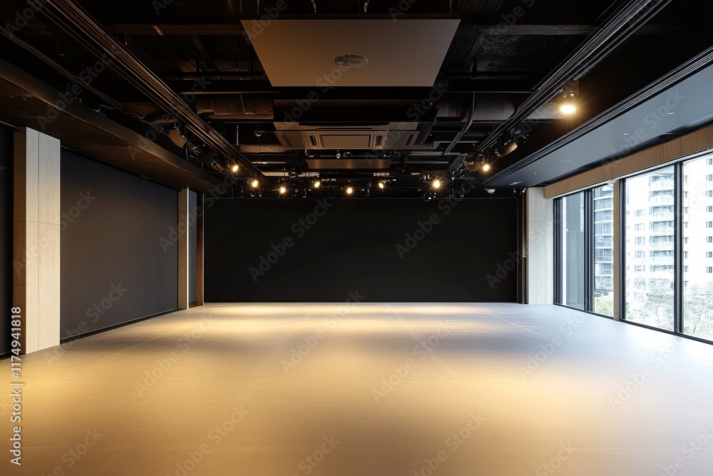 Minimalist Room with Sleek Black Wall and Celestial Light Minimalist Room with Sleek Black Wall and Celestial Light